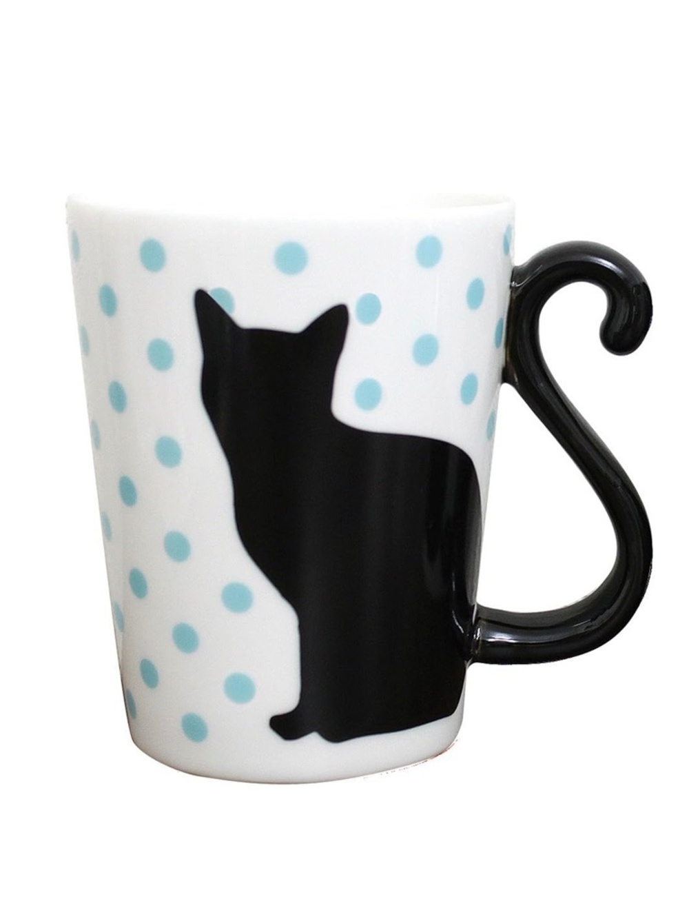 ARTHA Alta black cat coffee mug featuring a blue polka dot pattern